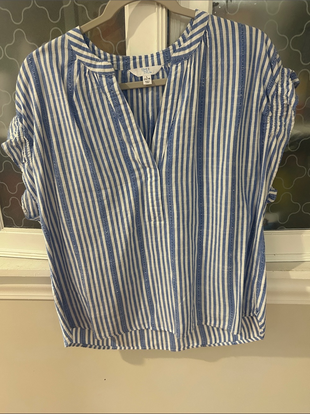 Blue & White Striped Cotton Popover Top